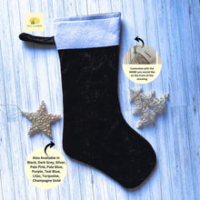 Load image into Gallery viewer, Christmas Stocking, Personalised Christmas Stockings, gift, Black Velvet Stocking, Standard Size 45cm x 15cm Top to Toe, Fully Lined, Decor,
