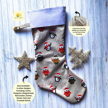 Load image into Gallery viewer, Christmas Stocking, Personalised Christmas Stockings, gift, Penguins Stocking, Size 45cm x 15cm Top to Toe, Fully Lined, Decor,
