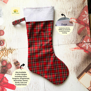 Christmas Stocking, Personalised Christmas Stockings, gift, Red Tartan Stocking, Size 45cm x 15cm Top to Toe, Fully Lined, Decor,