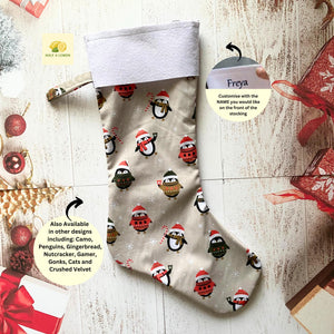 Christmas Stocking, Personalised Christmas Stockings, gift, Penguins Stocking, Size 45cm x 15cm Top to Toe, Fully Lined, Decor,