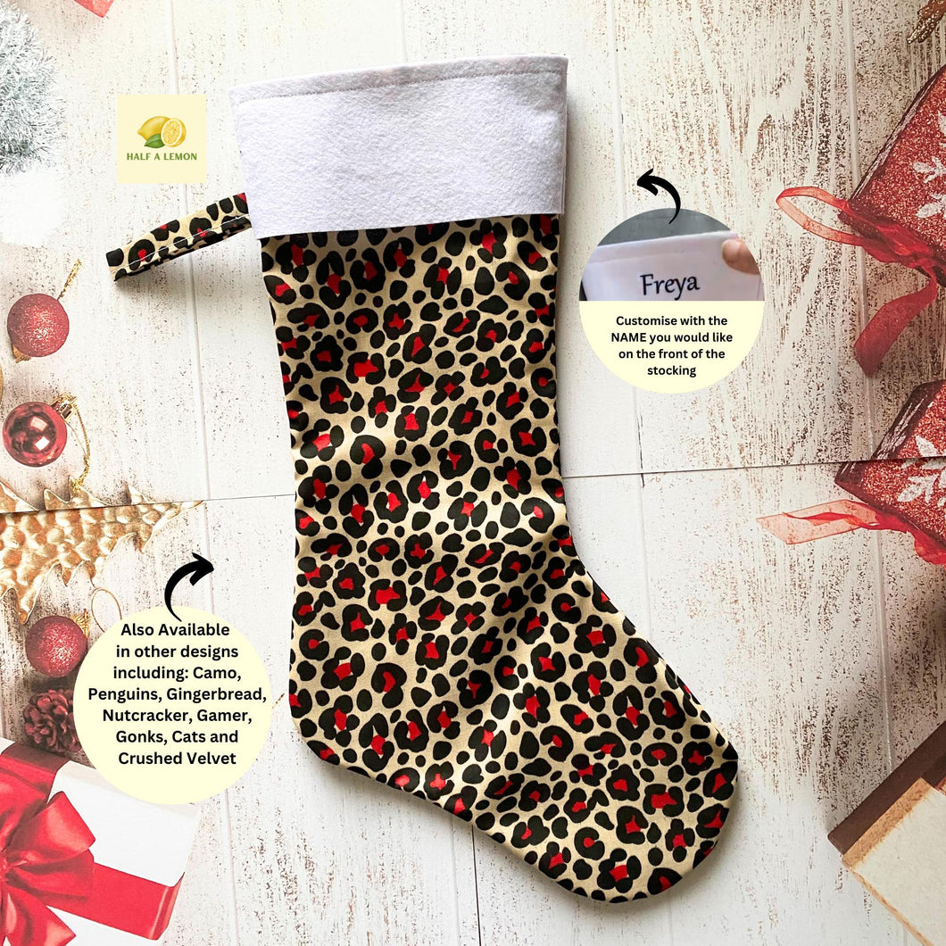 Christmas Stocking, Personalised Christmas Stockings, gift, Animal Print Stocking, Size 45cm x 15cm Top to Toe, Fully Lined, Decor,