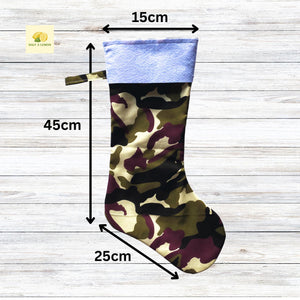 Christmas Stocking, Personalised Christmas Stockings, gift, Camo Stocking, Size 45cm x 15cm Top to Toe, Fully Lined, Decor,