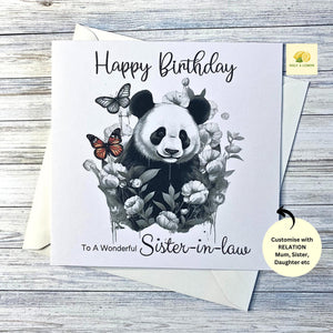 Birthday card for Sister-in-law, her, Daughter, Niece, Sister, Granddaughter, Mum, Mom, Nan, Gran,  illustrated Panda and butterfly, gift