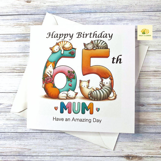 65th Birthday card for Mum, Mum Birthday card, Birthday card, the number 65 with cute cats wrapped around the numbers, gift, Cat card,