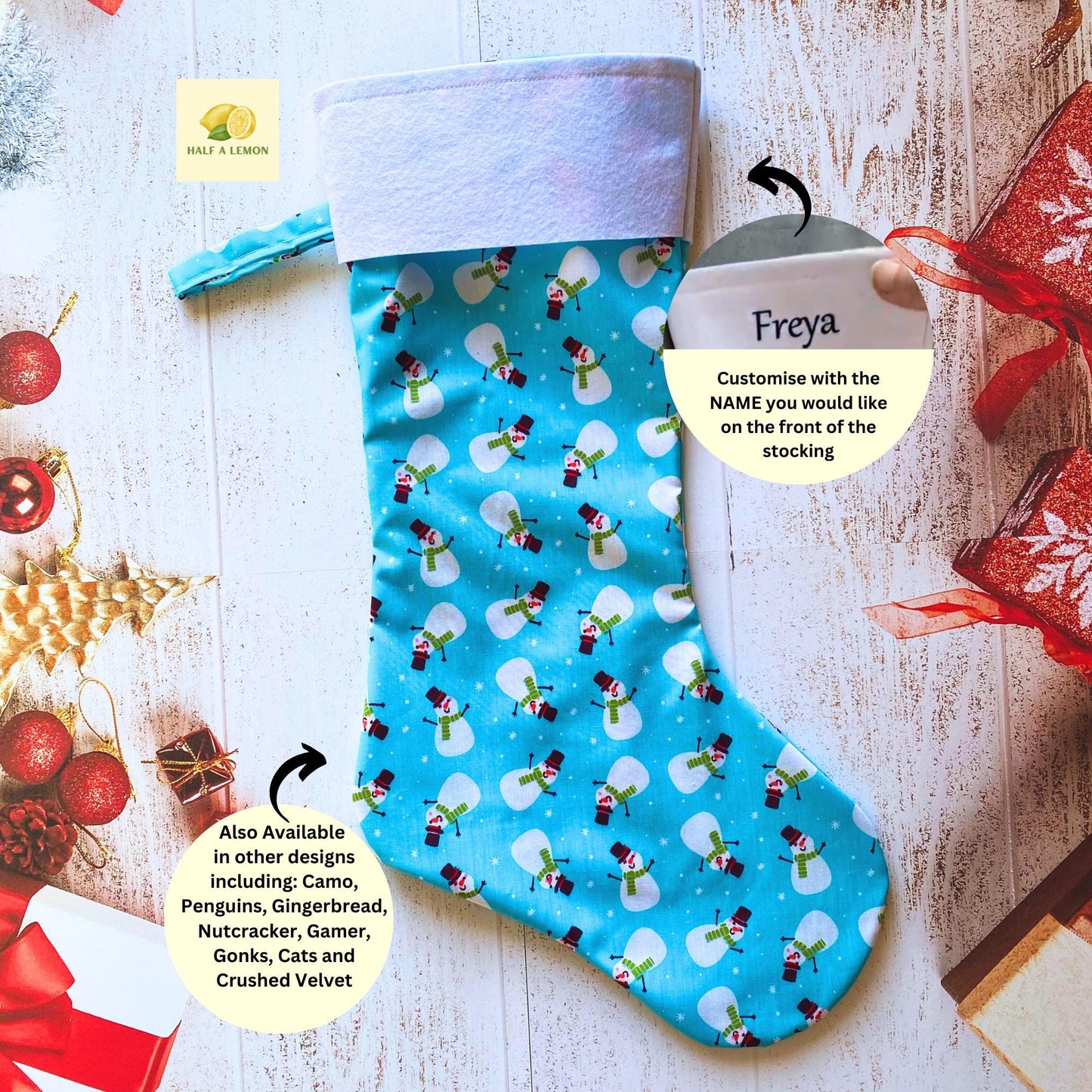 Christmas Stocking, Personalised Christmas Stockings, gift, Snowmen on Blue Stocking, Size 45cm x 15cm Top to Toe, Fully Lined, Decor,
