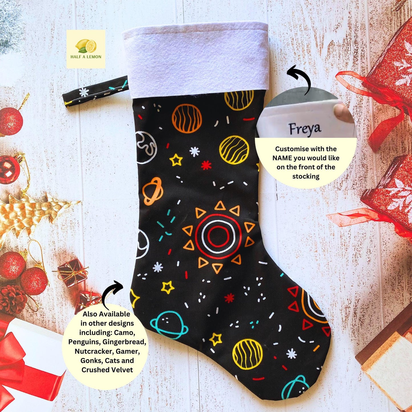Christmas Stocking, Personalised Christmas Stockings, gift, Space Planet Stocking, Size 45cm x 15cm Top to Toe, Fully Lined, Decor,