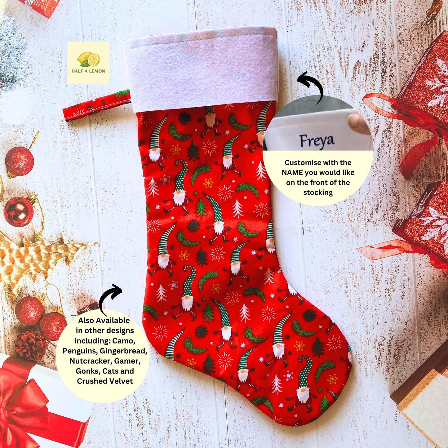 Christmas Stocking, Personalised Christmas Stockings, gift, Gonks on Red Stocking, Size 45cm x 15cm Top to Toe, Fully Lined, Decor,
