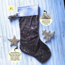 Load image into Gallery viewer, Christmas Stocking, Personalised Christmas Stockings, gift, Grey Velvet Stocking, Standard Size 45cm x 15cm Top to Toe, Fully Lined, Decor,
