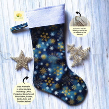 Load image into Gallery viewer, Christmas Stocking, Personalised Christmas Stockings, gift, Metallic Gold Stars, Size 45cm x 15cm Top to Toe, Fully Lined, Decor,
