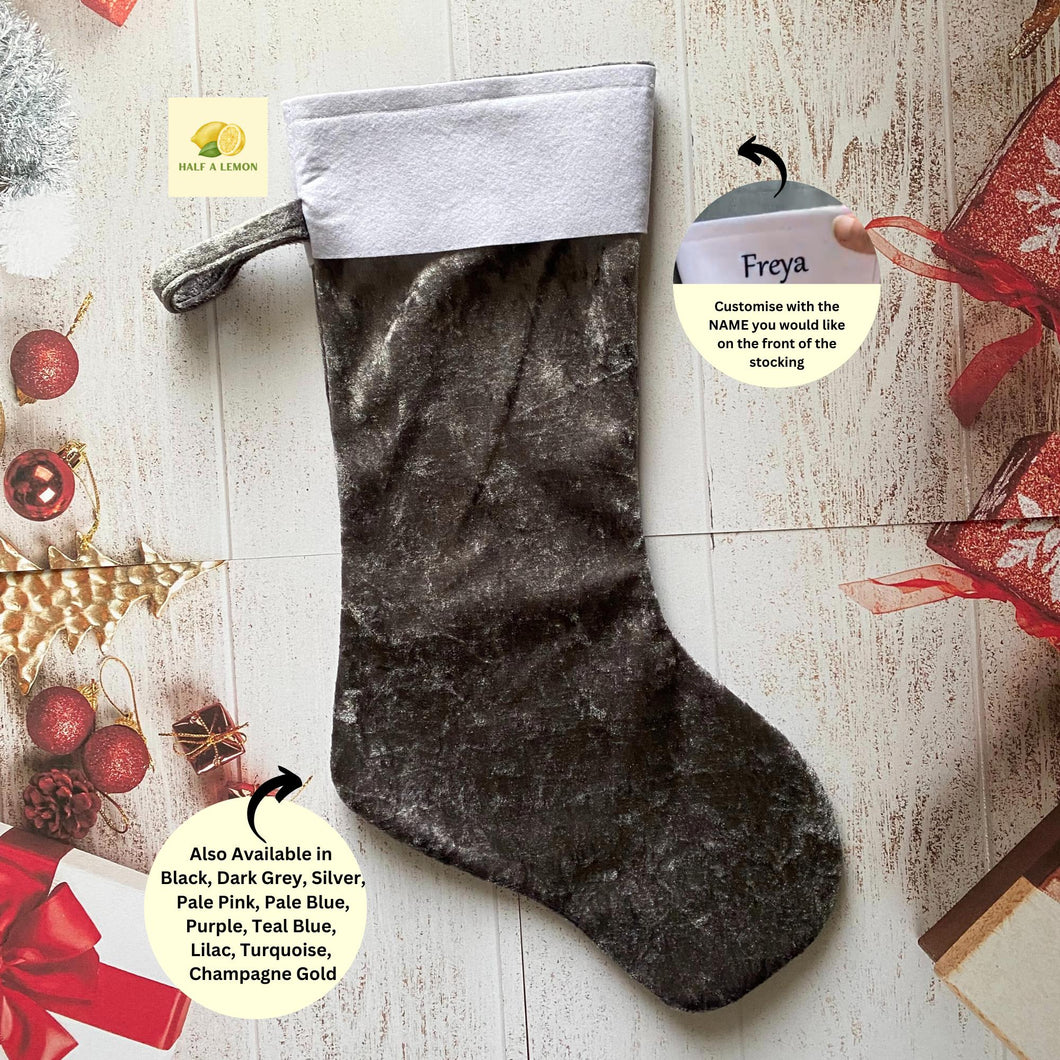 Christmas Stocking, Personalised Christmas Stockings, gift, Grey Velvet Stocking, Standard Size 45cm x 15cm Top to Toe, Fully Lined, Decor,