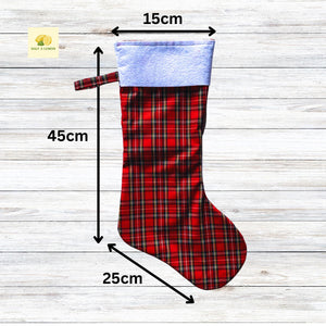 Christmas Stocking, Personalised Christmas Stockings, gift, Red Tartan Stocking, Size 45cm x 15cm Top to Toe, Fully Lined, Decor,