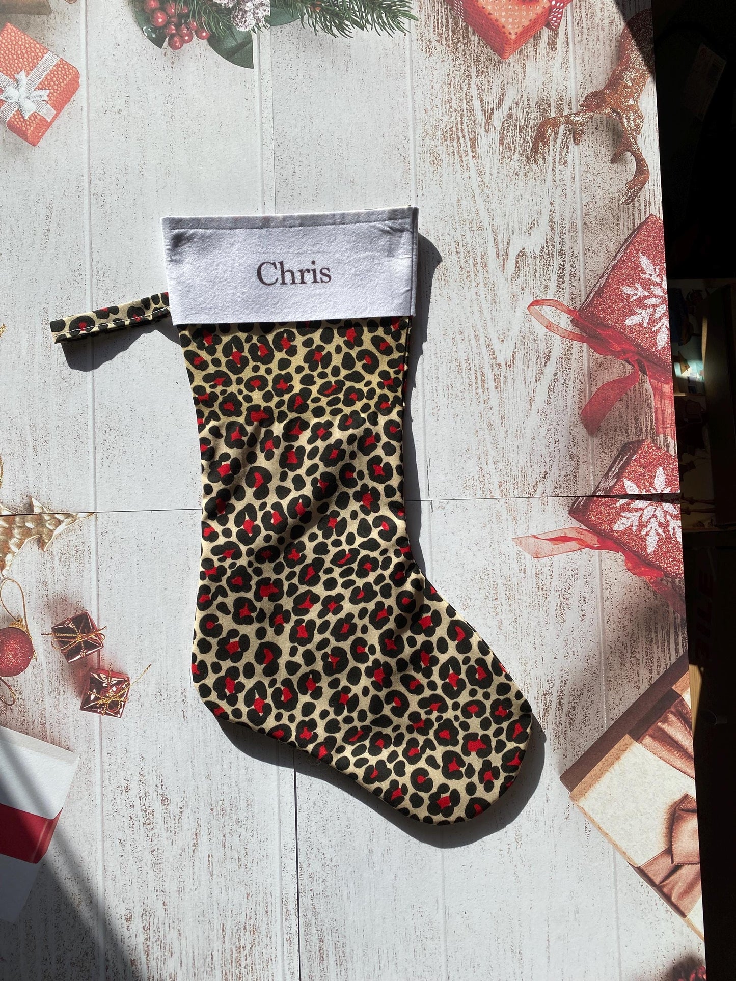 Christmas Stocking, Personalised Christmas Stockings, gift, Animal Print Stocking, Size 45cm x 15cm Top to Toe, Fully Lined, Decor,
