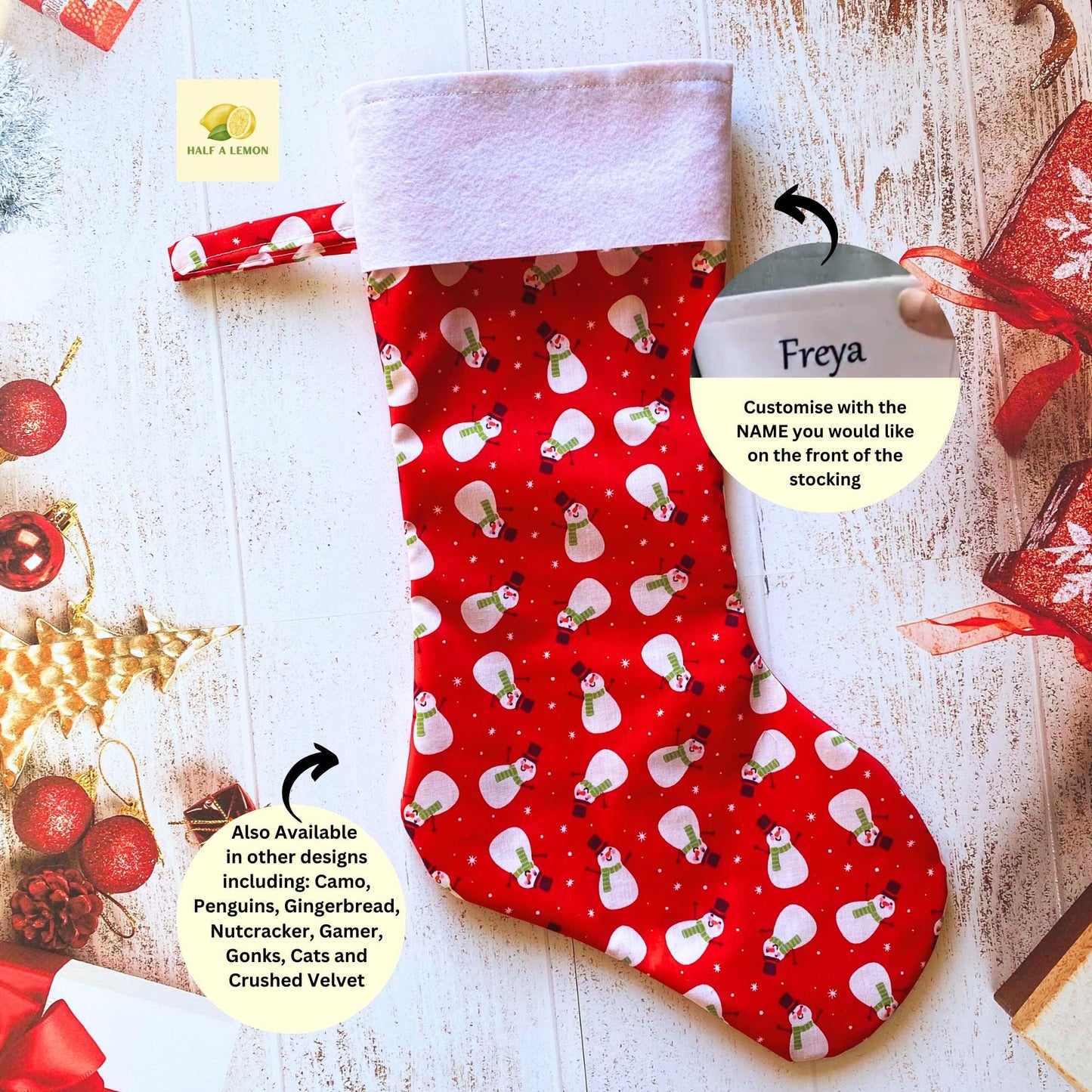 Christmas Stocking, Personalised Christmas Stockings, gift, Snowmen on Red Stocking, Size 45cm x 15cm Top to Toe, Fully Lined, Decor,