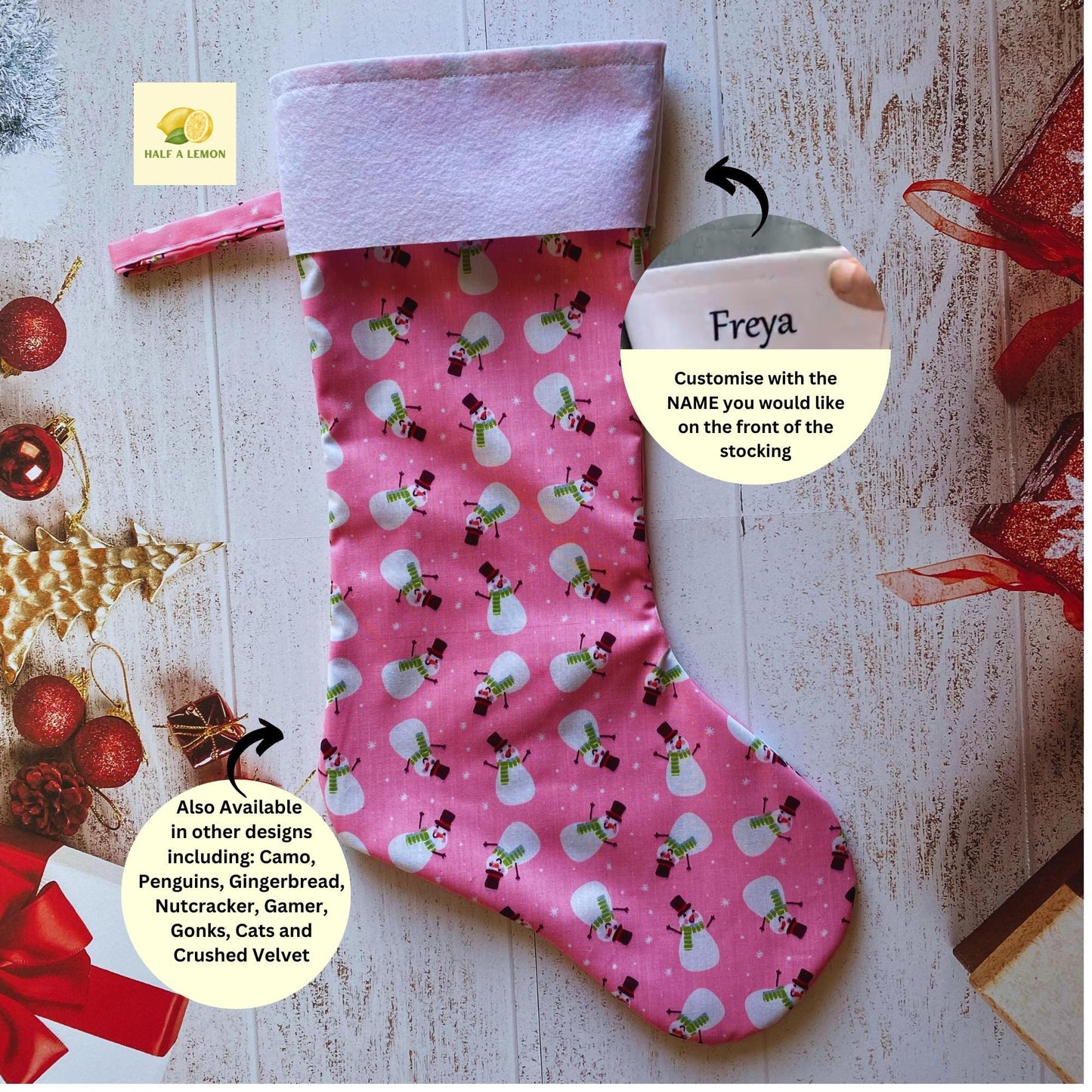 Christmas Stocking, Personalised Christmas Stockings, gift, Snowmen on Pink Stocking, Size 45cm x 15cm Top to Toe, Fully Lined, Decor,
