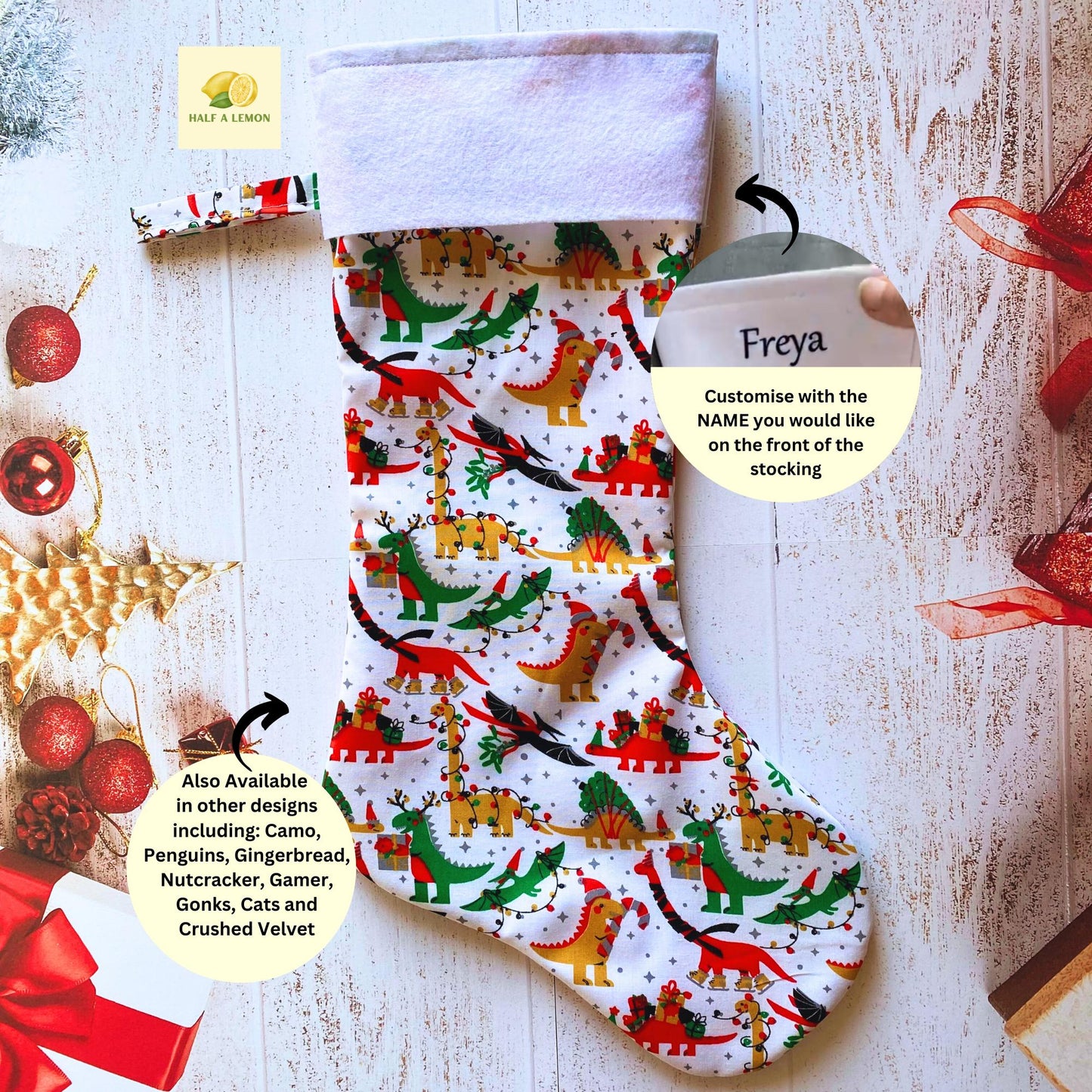 Christmas Stocking, Personalised Christmas Stockings, gift, Dinosaurs Stocking, Size 45cm x 15cm Top to Toe, Fully Lined, Decor,
