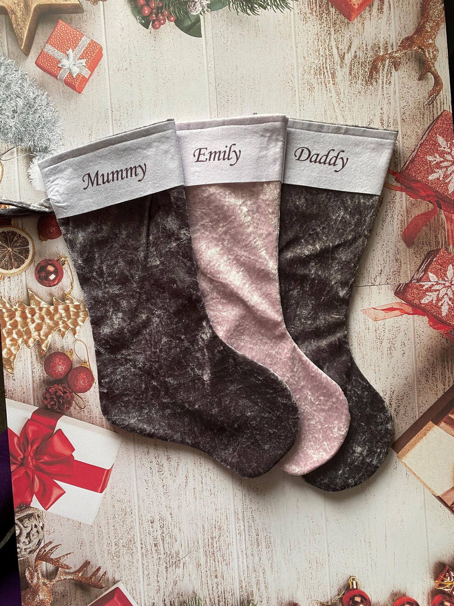 Christmas Stocking, Personalised Christmas Stockings, gift, Grey Velvet Stocking, Standard Size 45cm x 15cm Top to Toe, Fully Lined, Decor,