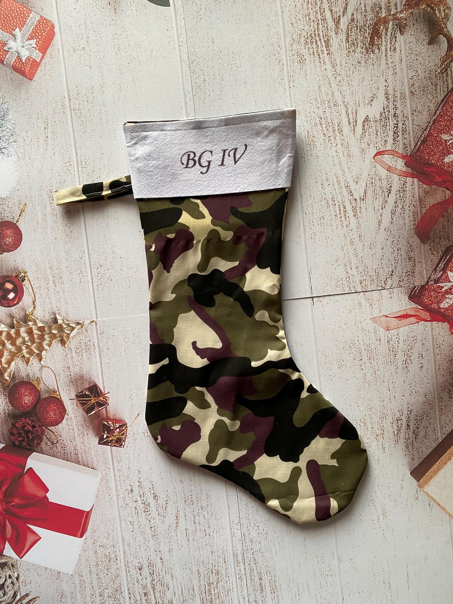 Christmas Stocking, Personalised Christmas Stockings, gift, Camo Stocking, Size 45cm x 15cm Top to Toe, Fully Lined, Decor,
