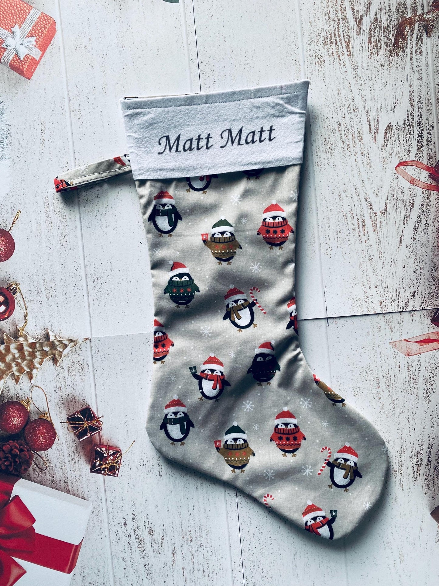 Christmas Stocking, Personalised Christmas Stockings, gift, Penguins Stocking, Size 45cm x 15cm Top to Toe, Fully Lined, Decor,