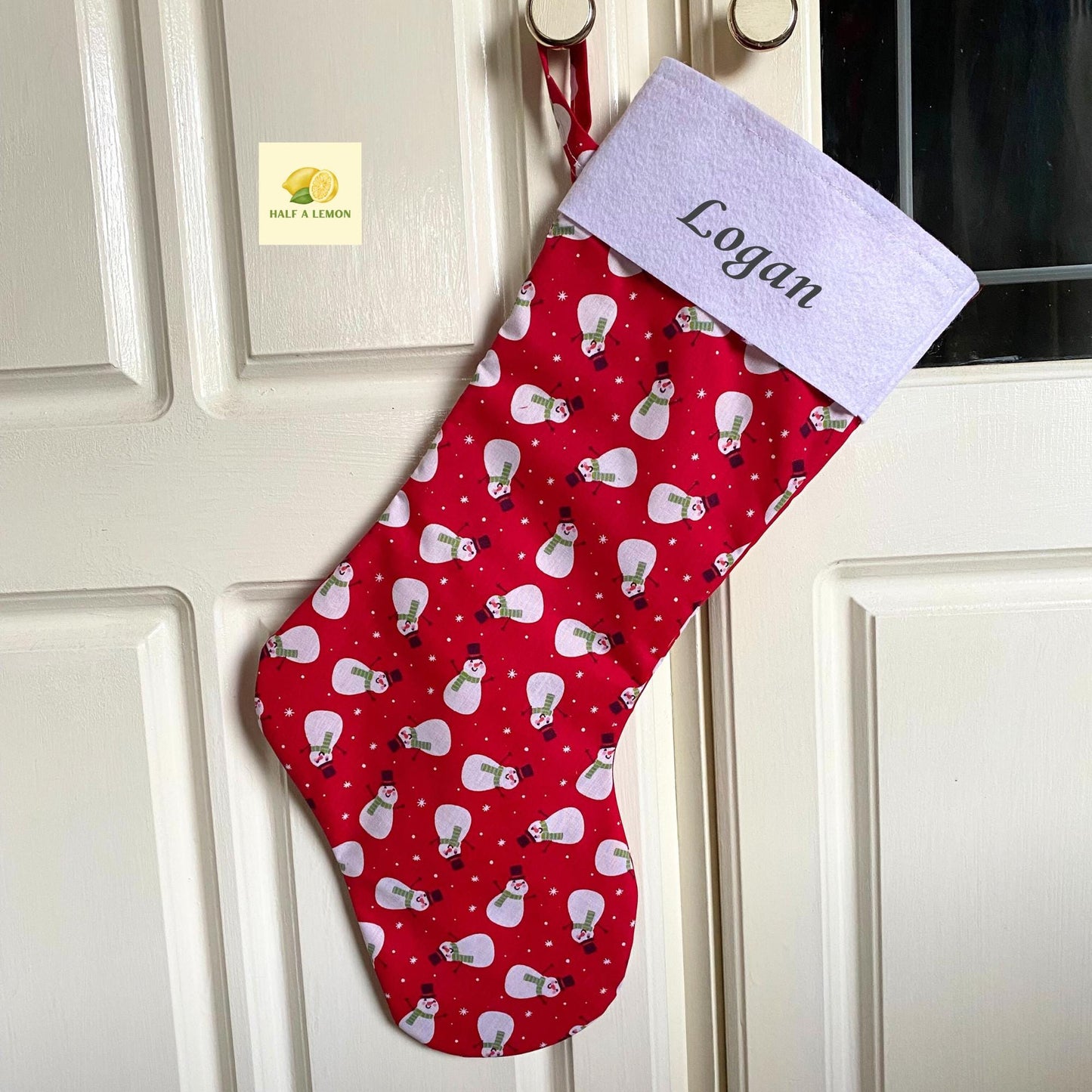 Christmas Stocking, Personalised Christmas Stockings, gift, Snowmen on Red Stocking, Size 45cm x 15cm Top to Toe, Fully Lined, Decor,