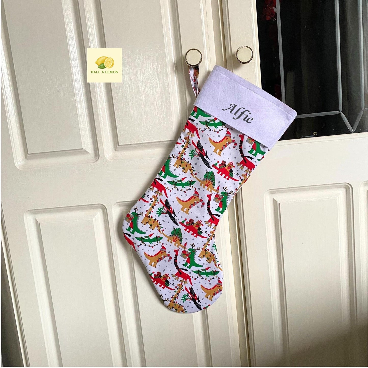 Christmas Stocking, Personalised Christmas Stockings, gift, Dinosaurs Stocking, Size 45cm x 15cm Top to Toe, Fully Lined, Decor,