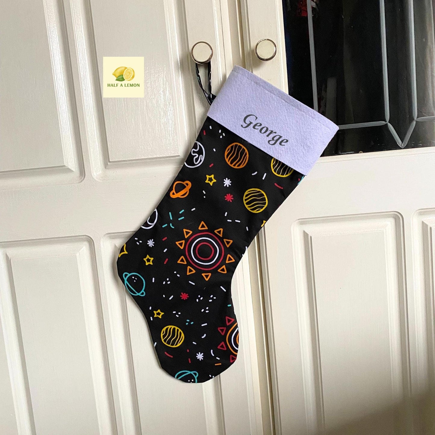 Christmas Stocking, Personalised Christmas Stockings, gift, Space Planet Stocking, Size 45cm x 15cm Top to Toe, Fully Lined, Decor,