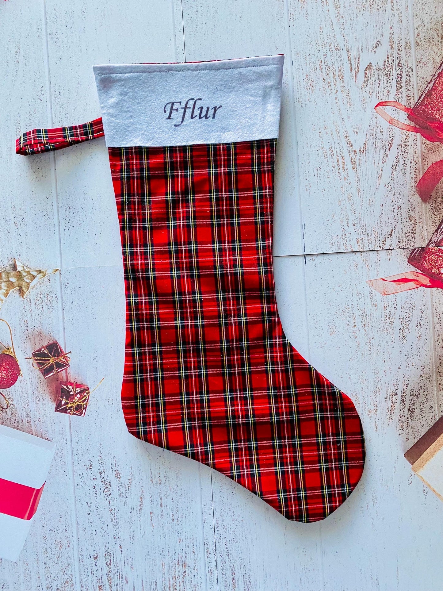 Christmas Stocking, Personalised Christmas Stockings, gift, Red Tartan Stocking, Size 45cm x 15cm Top to Toe, Fully Lined, Decor,