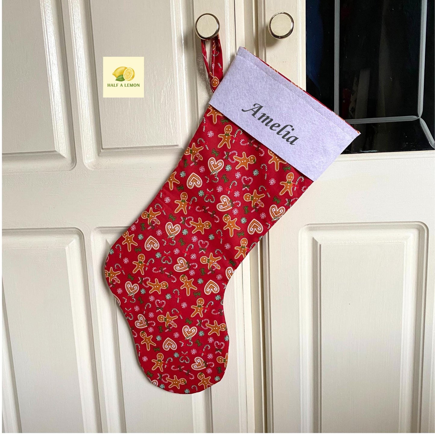 Christmas Stocking, Personalised Christmas Stockings, gift, Gingerbread Stocking, Size 45cm x 15cm Top to Toe, Fully Lined, Decor,