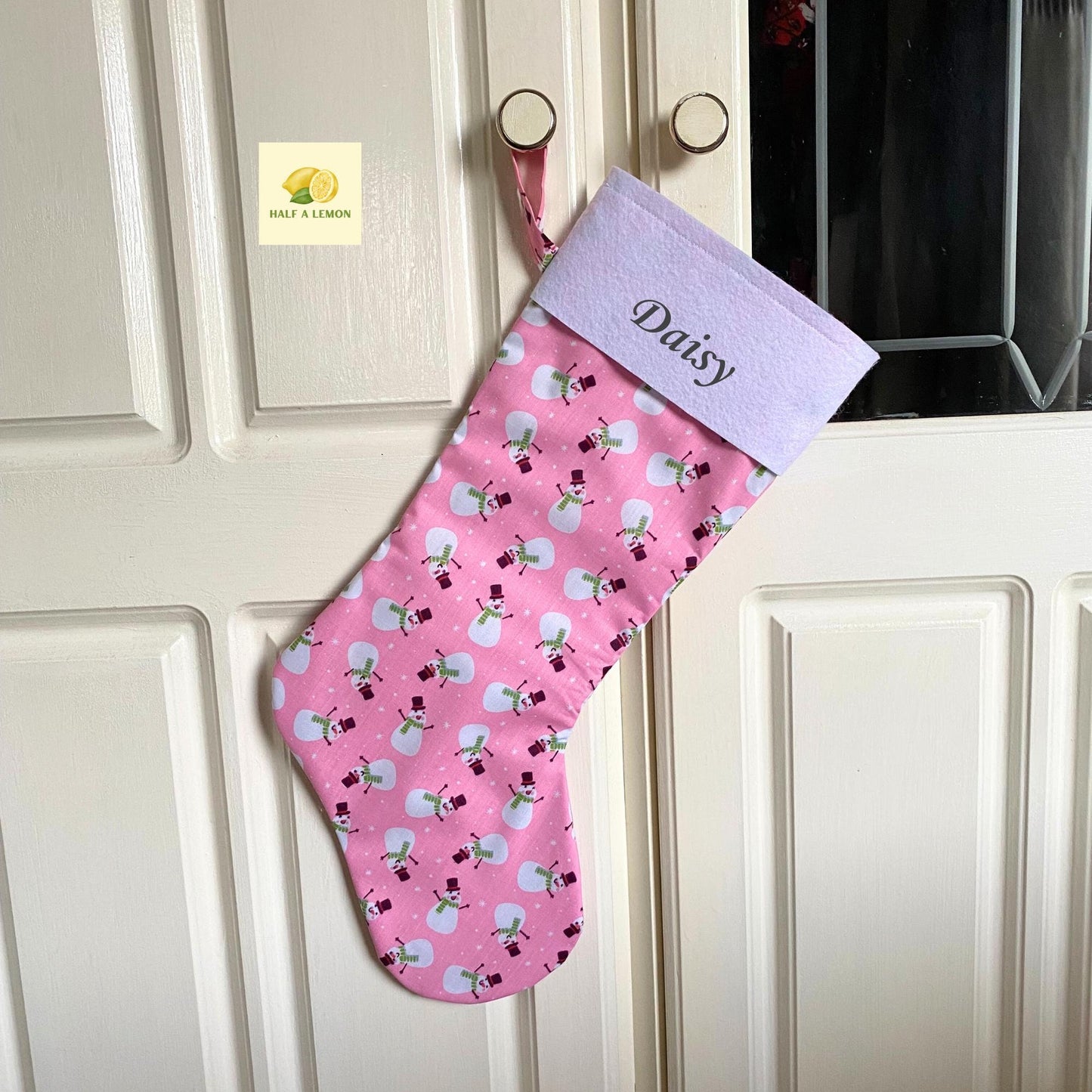 Christmas Stocking, Personalised Christmas Stockings, gift, Snowmen on Pink Stocking, Size 45cm x 15cm Top to Toe, Fully Lined, Decor,