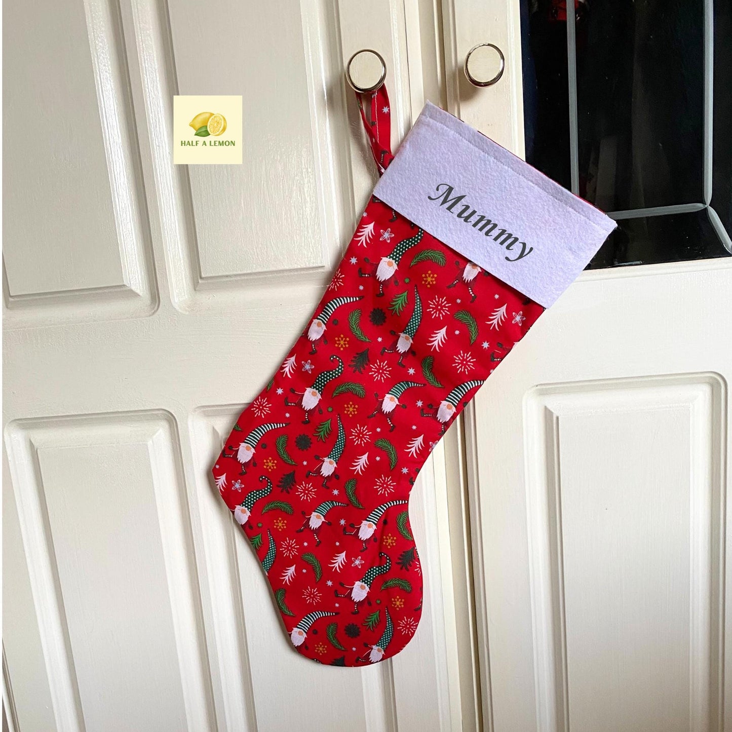 Christmas Stocking, Personalised Christmas Stockings, gift, Gonks on Red Stocking, Size 45cm x 15cm Top to Toe, Fully Lined, Decor,