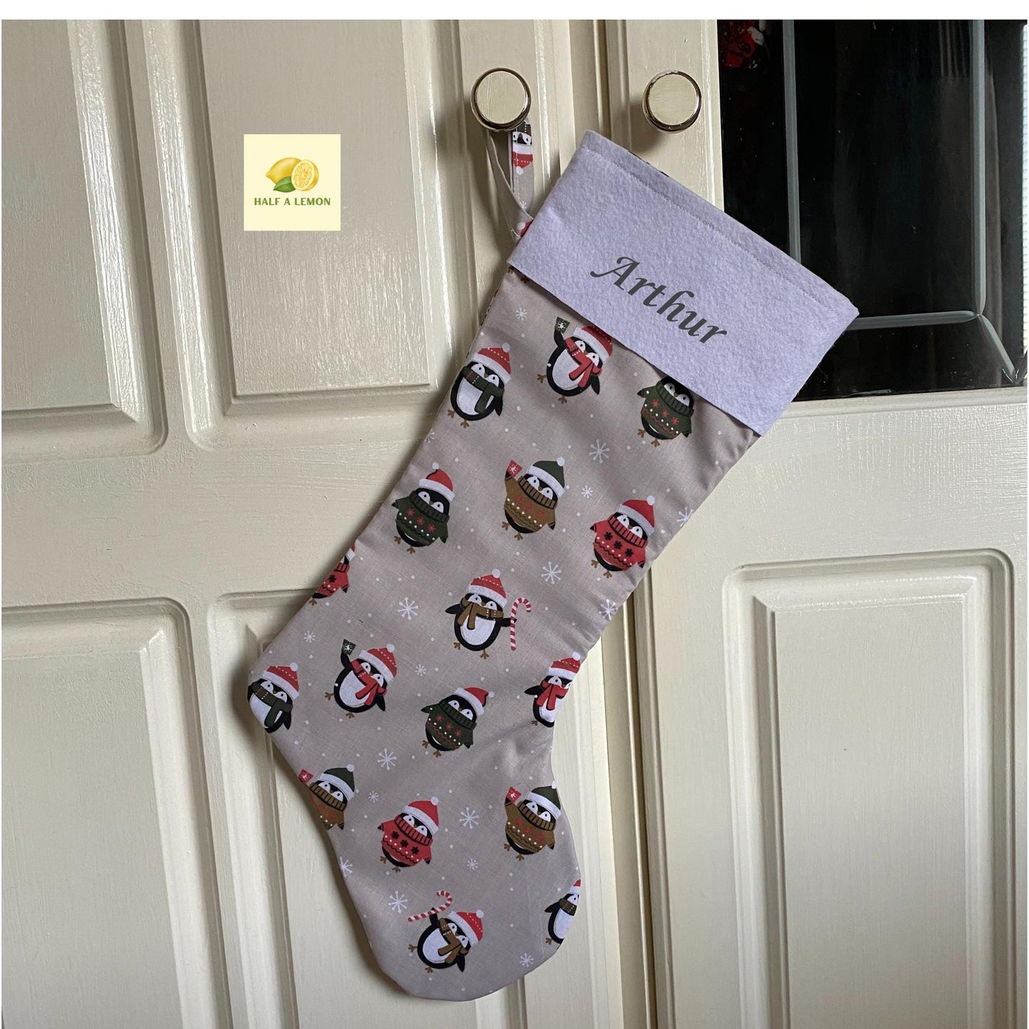 Christmas Stocking, Personalised Christmas Stockings, gift, Penguins Stocking, Size 45cm x 15cm Top to Toe, Fully Lined, Decor,