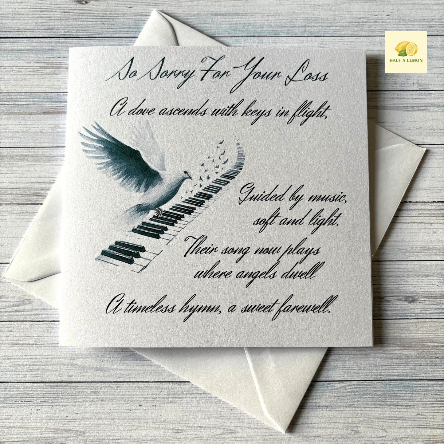 Bereavement Card, Sorry for your loss card, Sympathy Card, Remembrance Card, white dove, piano, keyboard, music, gift