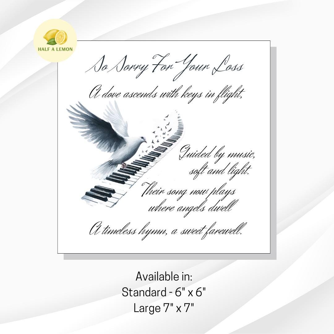 Bereavement Card, Sorry for your loss card, Sympathy Card, Remembrance Card, white dove, piano, keyboard, music, gift