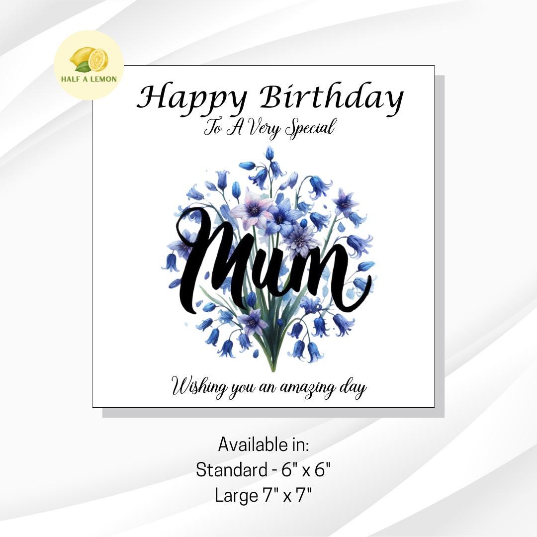 Birthday card for Mum, Mum Birthday card, Birthday card, beautiful detailed Bluebells wrapped around the word Mum, gift, for her