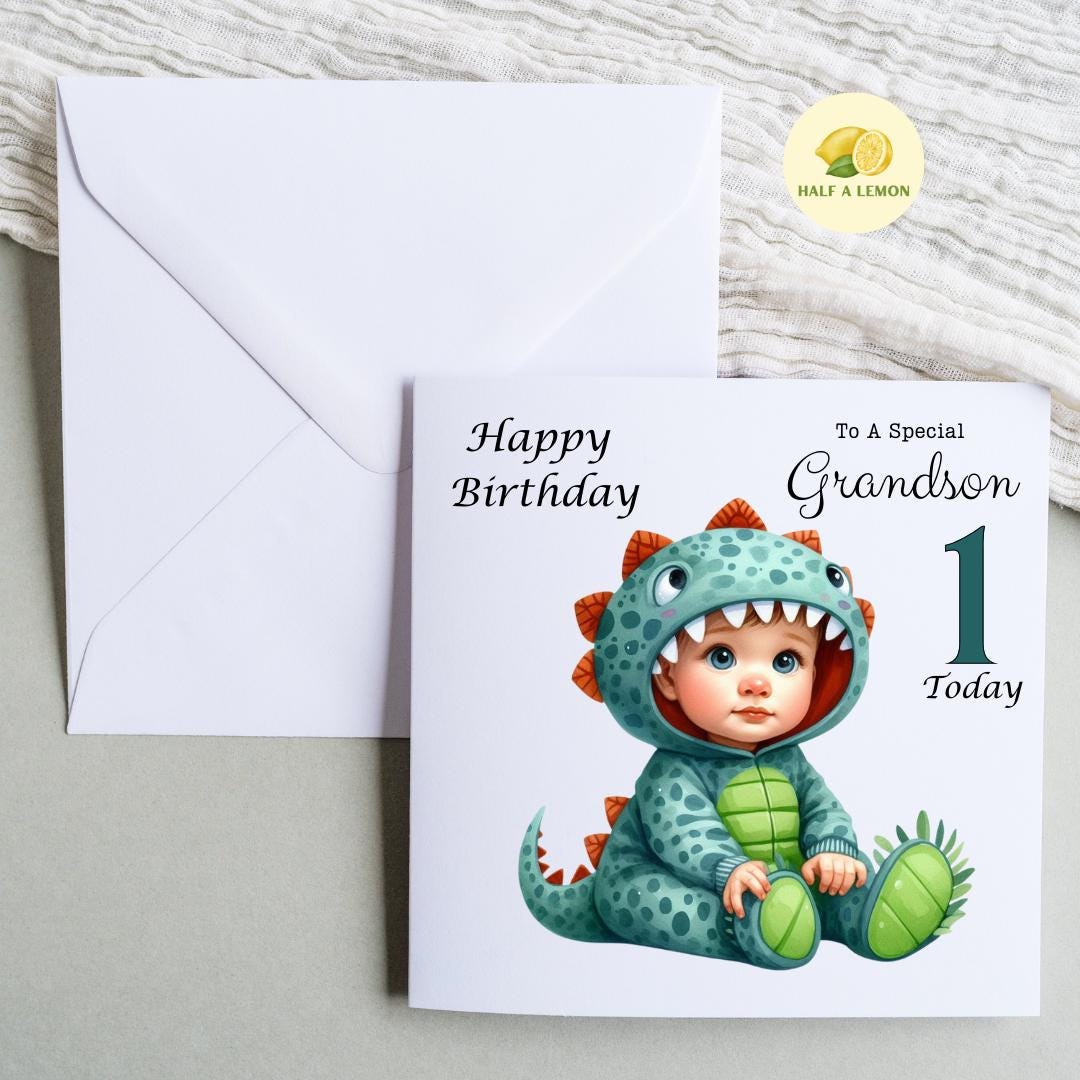 First Birthday card for Grandson, 1st birthday card for Grandson, Great Grandson, Son, Nephew, Great Nephew, dinosaur, One Today, gift, him