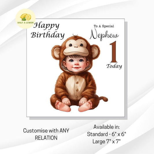 First Birthday card, for Nephew, Great Grandson, Grandson, Son, Great Nephew, Brother, Little boy, him, gift, Little Monkey, 1st Birthday