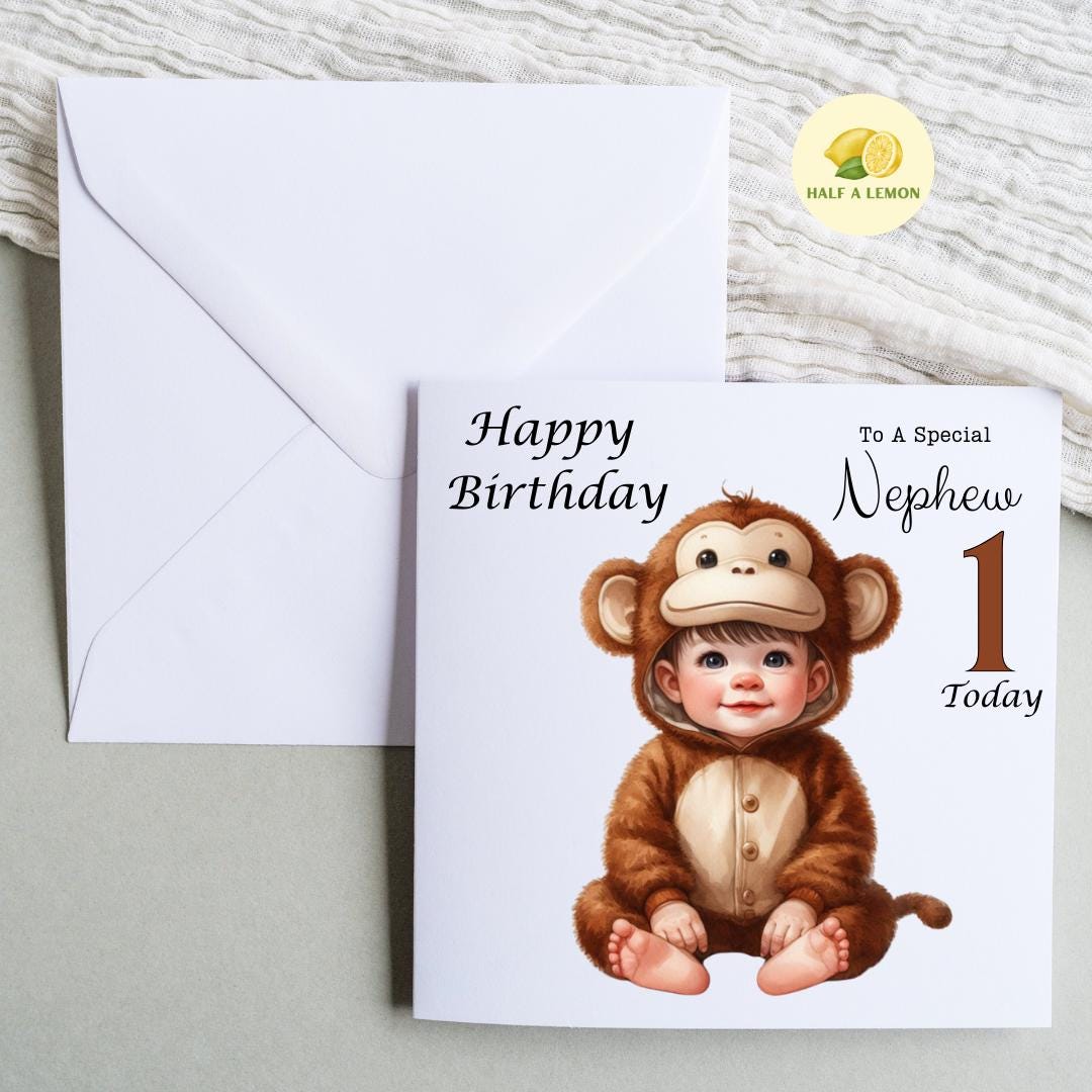 First Birthday card, for Nephew, Great Grandson, Grandson, Son, Great Nephew, Brother, Little boy, him, gift, Little Monkey, 1st Birthday