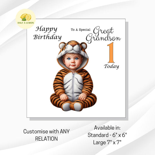 First Birthday card Great Grandson, 1st birthday card Grandson, Great Grandson, Son, Nephew, tiger birthday, blonde hair, blue eyes, gift,