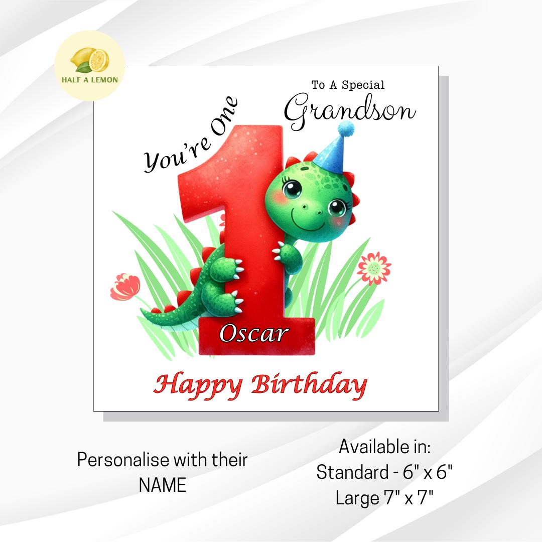 First Birthday card, Personalised, for ANY Relative, Great Grandson, Grandson, Son, Nephew, Brother, boy, him, Cute Dinosaur, gift, 1st