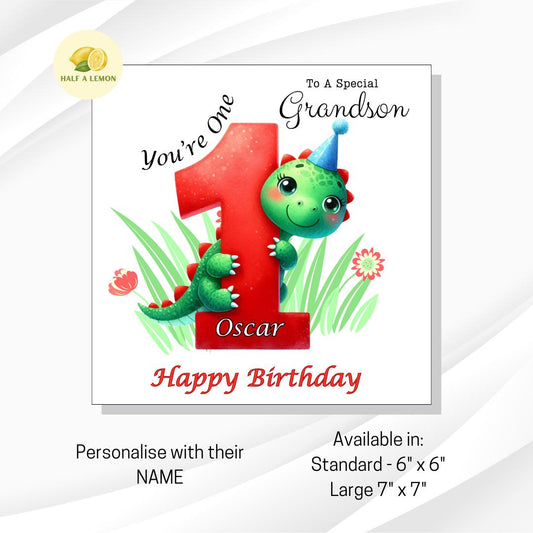 First Birthday card, Personalised, for ANY Relative, Great Grandson, Grandson, Son, Nephew, Brother, boy, him, Cute Dinosaur, gift, 1st