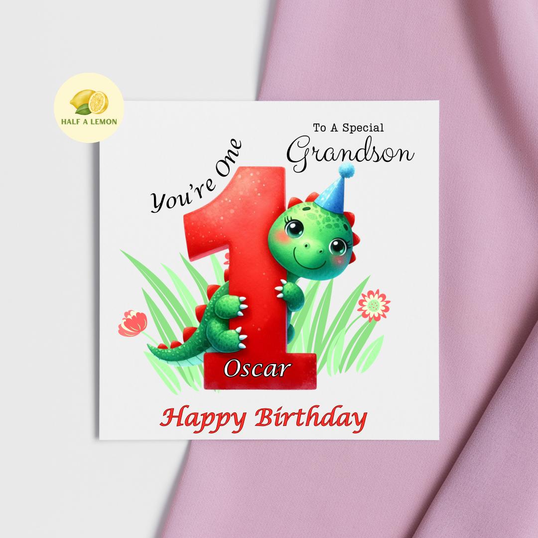 First Birthday card, Personalised, for ANY Relative, Great Grandson, Grandson, Son, Nephew, Brother, boy, him, Cute Dinosaur, gift, 1st
