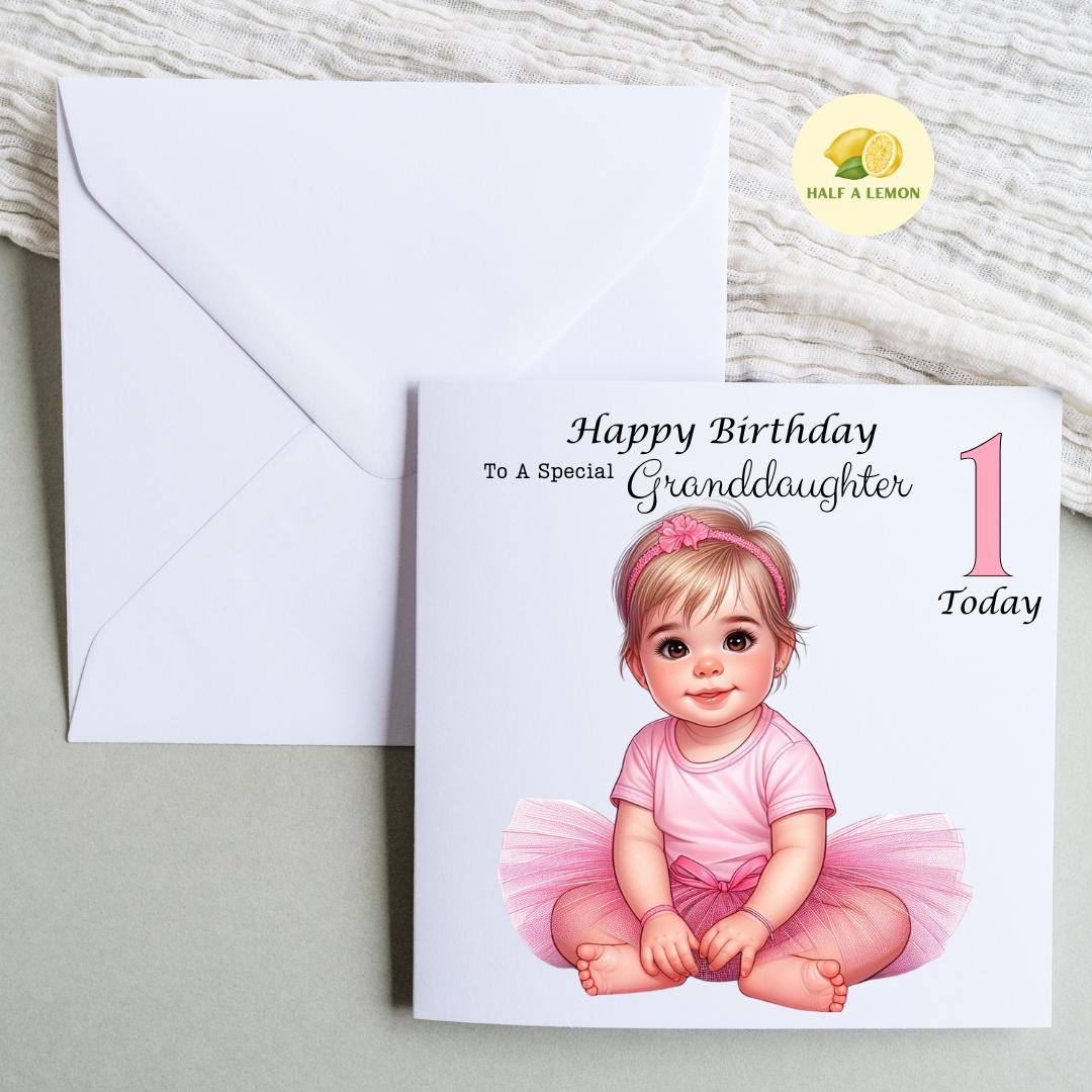 First Birthday card, for ANY Relative, Great Granddaughter, Granddaughter, Daughter, Niece, Sister, cute pink tutu, for her, girl, 1st, gift
