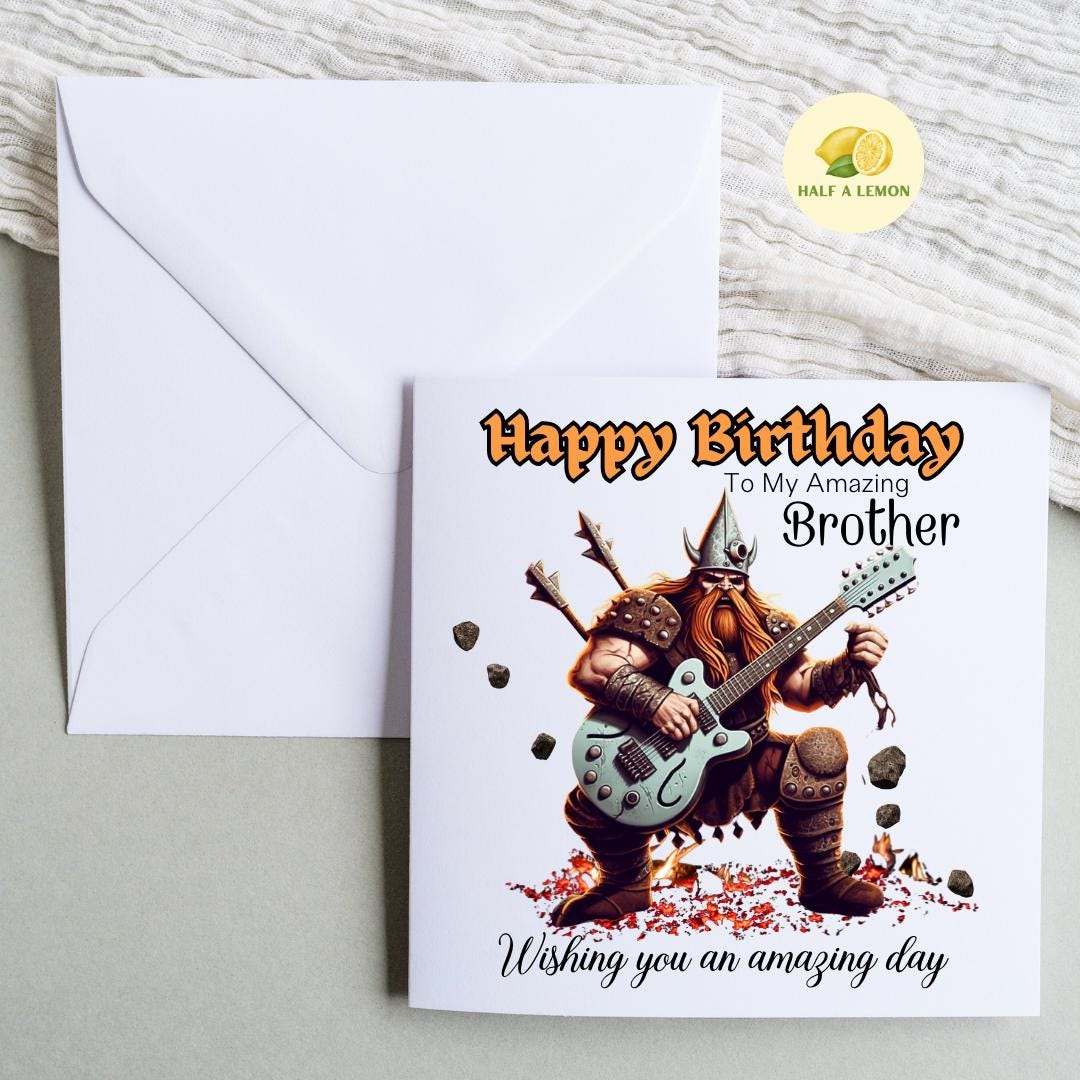 Birthday card for Husband, Boyfriend, Dad, Son, Nephew, Brother, Grandson, Viking playing guitar, customise any relation, gift for him, rock