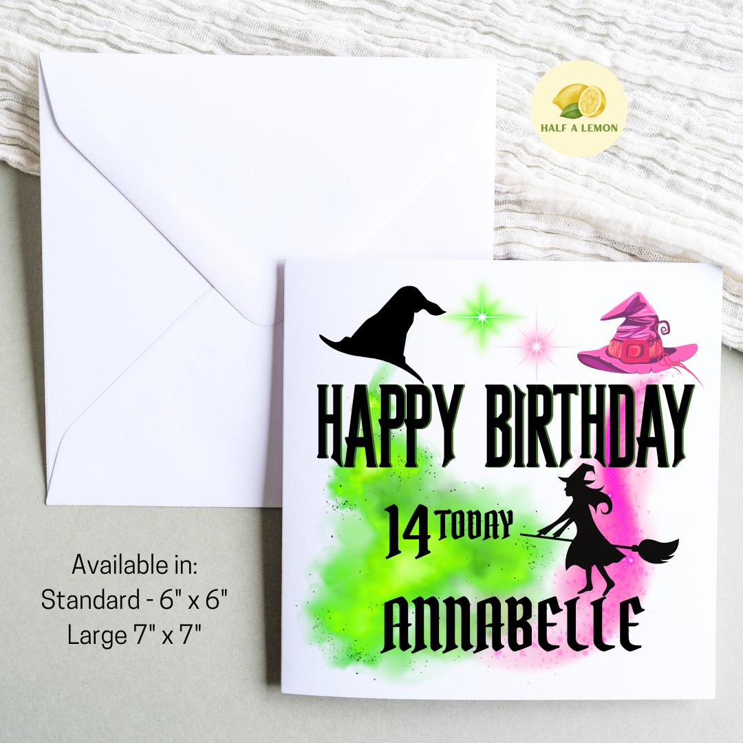 Personalised Age Birthday card for Great Granddaughter, Granddaughter, Daughter, Great Niece, Niece, Sister, witchy gift