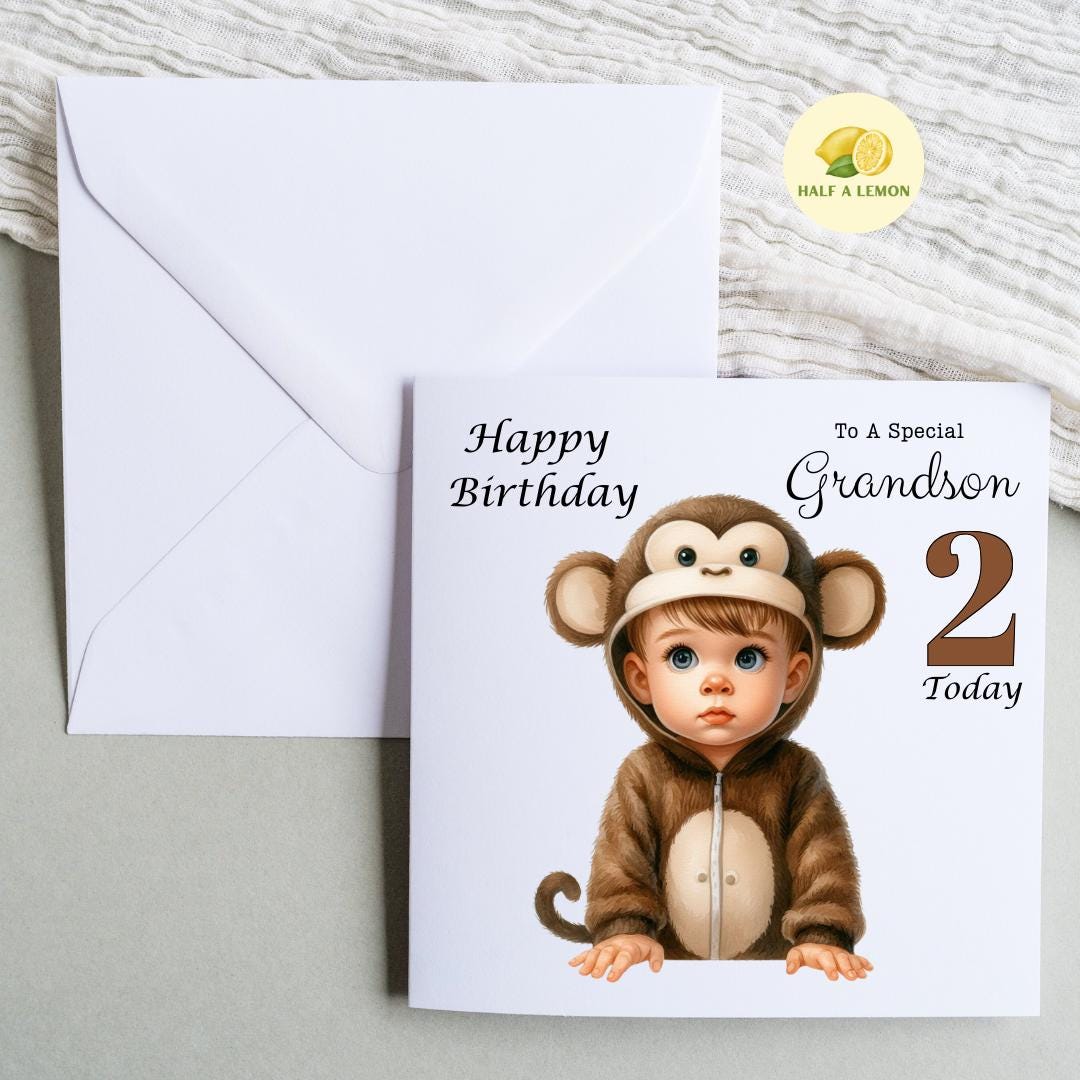 2nd Birthday card, for Grandson, Great Grandson, Great Nephew, Nephew, for ANY Relation, for him, gift, age 2, two for him, boy, monkey,