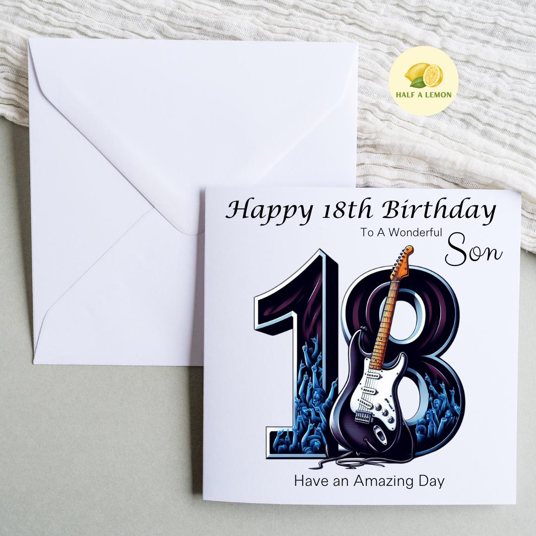 18th Birthday card for Son, also for Great Grandson, Grandson, Great Nephew, Nephew, Brother, Rock Music themed Birthday card, 18th gift,