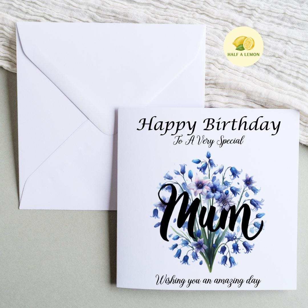 Birthday card for Mum, Mum Birthday card, Birthday card, beautiful detailed Bluebells wrapped around the word Mum, gift, for her