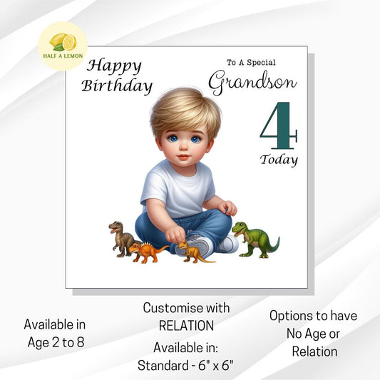Birthday card, for Grandson, Son, Nephew, Great Grandson, Customise with AGE, Little boy playing with Dinosaurs, Age 3, Age 4, Age 5, gift