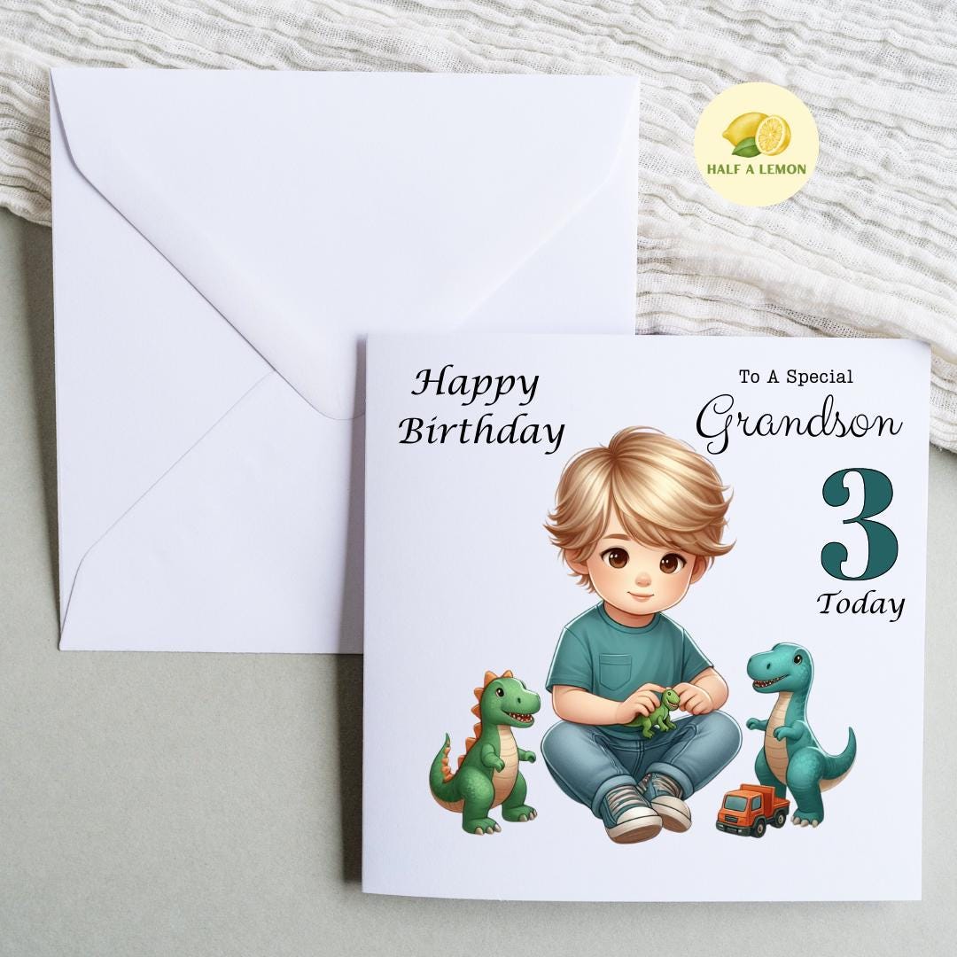Birthday Card for Grandson, Son, Nephew, Great Grandson, Customise AGE, Little boy playing with Dinosaurs, Age 2, Age 3, Age 4, Age 5, gift