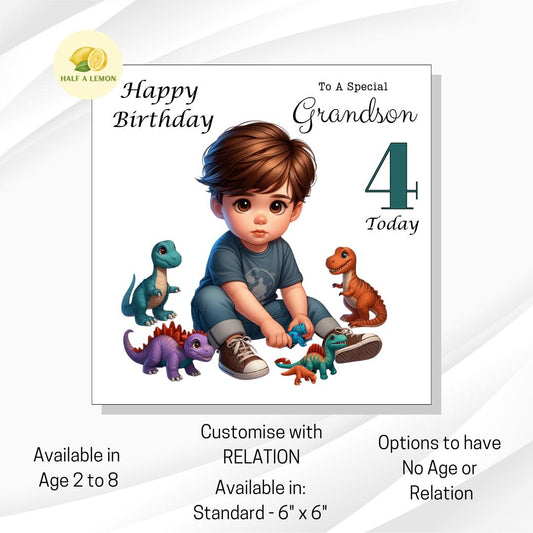 Birthday card, for Grandson, Great Grandson, Son, Nephew, Customise with AGE, Little boy playing with Dinosaurs, Age 3, Age 4, Age 5, gift