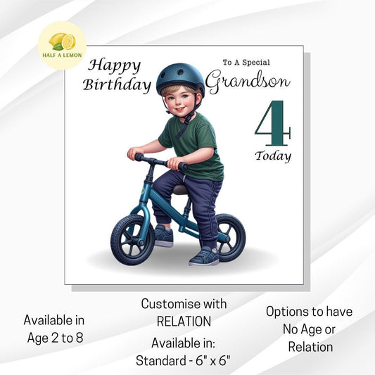 Birthday card, for ANY Relation and ANY Age, Little boy on Balance Bike, gift, Great Grandson, Son, Grandson, Great Nephew, for him, Nephew,